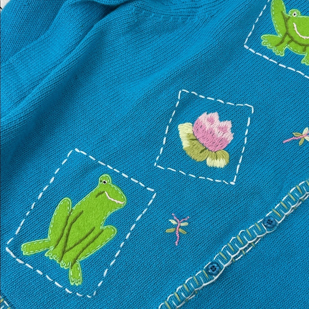Casual living vintage cotton Cardigan w/ Frog /embroidered Lily pad Flower XL - Picture 15 of 15